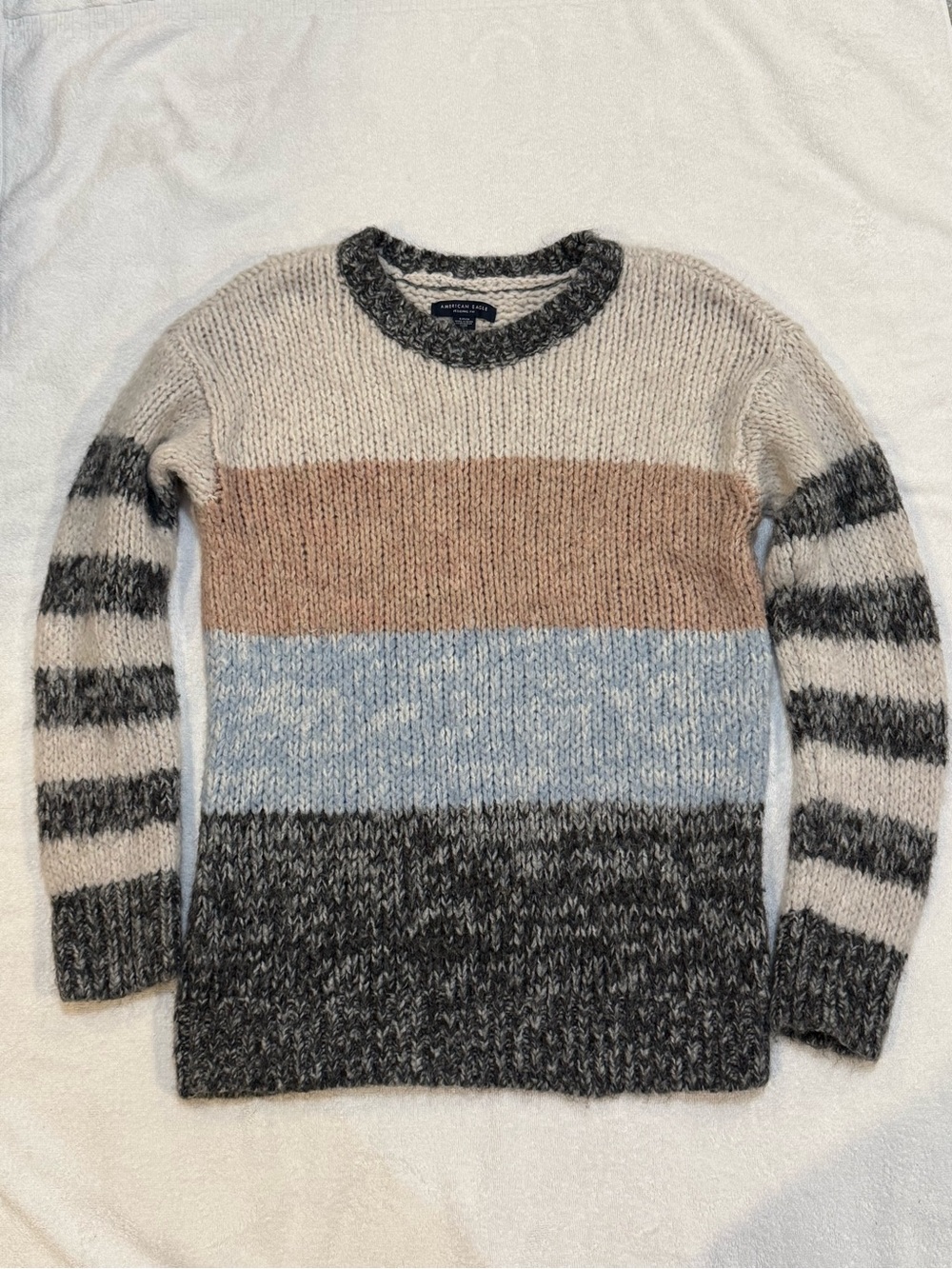 American Eagle Women’s Small Striped Crewneck Sweater in Cream, Brown & Blue